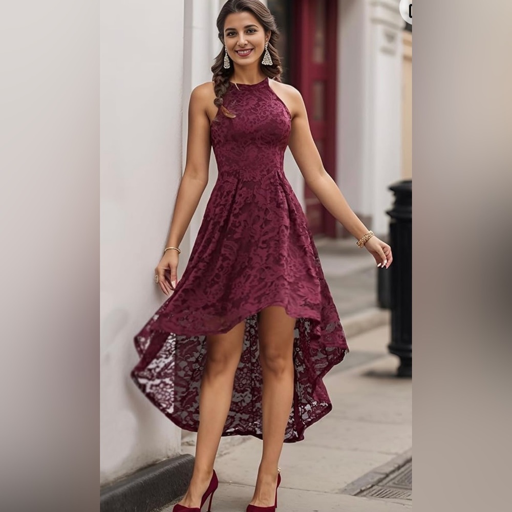 Halter Floral Lace High-Low Cocktail Dress